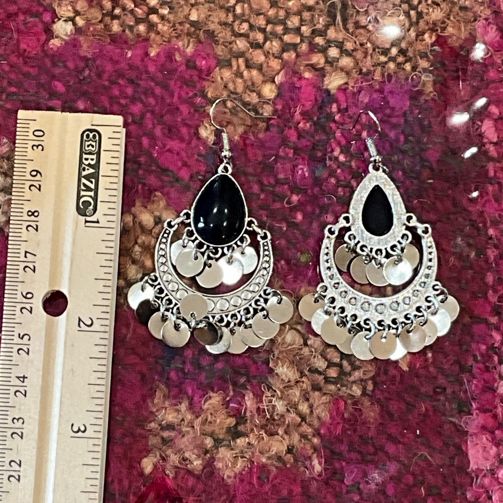 Silver and Black Dangle Earrings - Picture 5 of 6